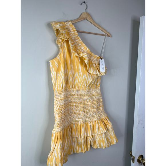 NWT Saylor Carren One-Shoulder Pull Over Smocked Ikat Cotton Mini Dress Yellow - Picture 3 of 8